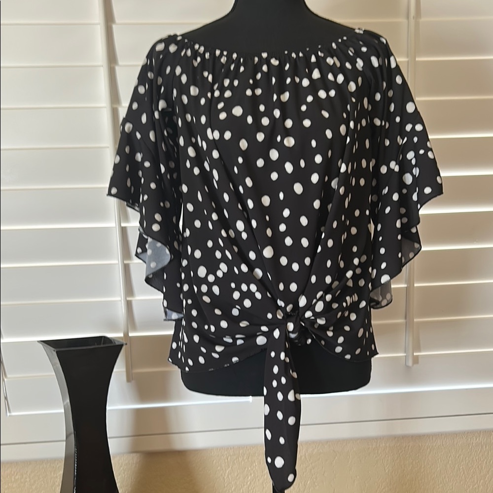 Black and White Polka Dot Blouse with Tie Front and Flutter Sleeves